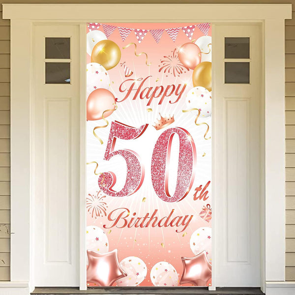 DPKOW Rose Gold 50th Birthday Banner - Backdrop, Wall & Garden Decoration, 185 x 90cm Fabric
