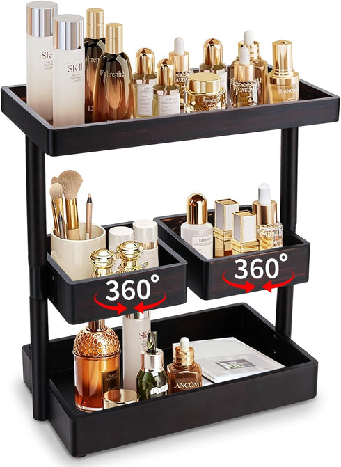Bathroom Counter Organizer, 3 Tier Rotating Vanity Storage Cabinet, Wooden Cosmetic Holder for Countertop, Kitchen