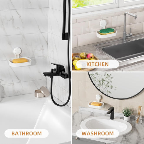 LEVERLOC Soap Dish Holder for Shower | Suction Cup Wall Mounted Self Draining Bar Soap Sponge Holder