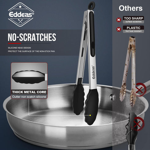 Kitchen Tongs Set of 3 - Silicone Tips, Heat Resistant 600°F Stainless Steel Locking Tongs, 7", 9", & 12"