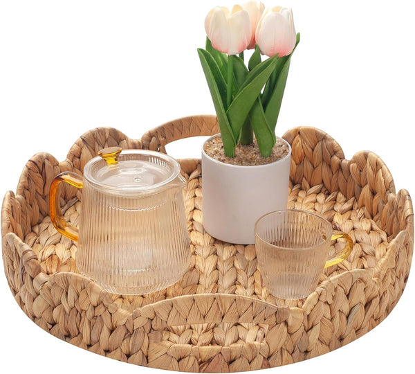 Yangqihome Round Scalloped Serving Tray, 14 inch Decorative Water Hyacinth Scalloped Basket