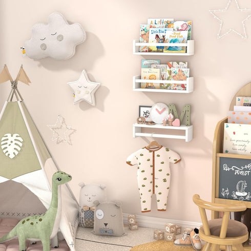15.7 Inch Set 3, Floating Nursery Book Shelves for Wall, Nature Solid Wood Wall Mounted Bookshelf of Hanging