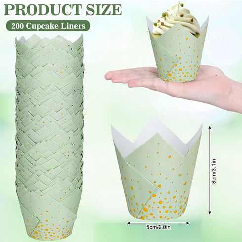 Whaline 200Pcs Sage Green Gold Dots Tulip Cupcake Liners Greaseproof Muffin Baking Liners Foil Gold Dots Cupcake Wrappers Baking Cup for Bridal Baby Shower Wedding Birthday Party Decor by Whaline