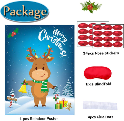 Funnlot Christmas Games for Kids, Pin The Nose on The Reindeer, Holiday Party Game with 24 Noses Stickers & Blindfold
