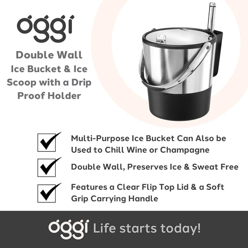 Oggi Insulated Ice Bucket, 4 Quart / 3.8 L, Black Stainless Steel