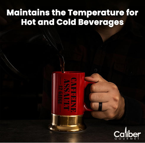 Caliber Gourmet 12-Gauge Shotgun Shell Mug – Bold Red Ceramic Coffee Mug, Unique Gift for Hunters & Collectors