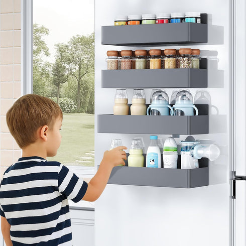 Mystozer (4 Pack) Magnetic Spice Rack for Refrigerator, Kitchen Organizer and Storage Shelf, Grey