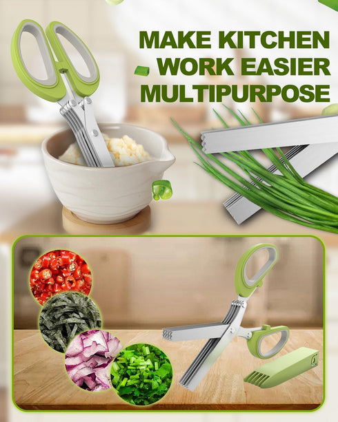Herb Cutter,Heavy Duty Kitchen Scissors for Food,Upgraded Serrated Tip for Garlic Crushing,Herb Scissors with 5 Blades and Cover for Cutting Basil Chive Parsle,Salad Chopper Garlic Presser (Green)