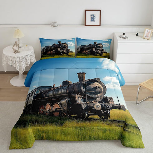 Sets Set Sets,Green 2 Erosebridal Train Comforter Queen Size Retro Steam Engine Bedding for Kids Boys Teens,Railway