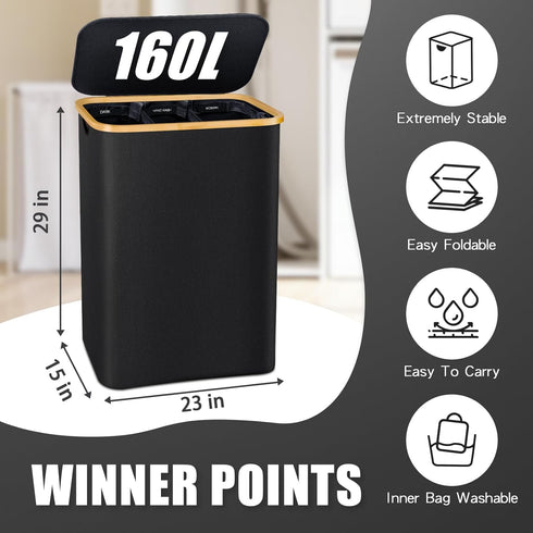 Black 160L Extra Large 3 Section Laundry Hamper with Lid, Clothes Organizer for Bedroom, Laundry Room, Dirty Clothing