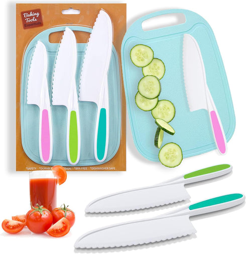 Kids Knife Set for Real Cooking, 4 Pieces Toddler Knife Set with Cutting Board, Firm Grip