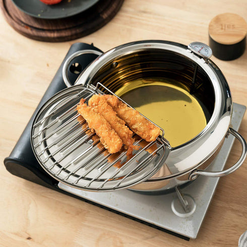 Yopay 304 Stainless Steel Deep Fryer Pot, Tempura Fryer with Thermometer and Lid, Japanese Style, 2.2L