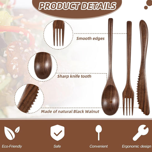 12 Set Set Geiserailie Pcs Wooden Silverware Wood Utensils for Eating Wooden Spoon Fork Knife Cutlery Kitchen Dinner