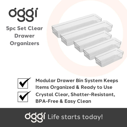 Oggi Clear Drawer Organizers Set of 5 - (1) 3x6.25, (2) 3x9.5, (2) 3x12.5 - Ideal for Kitchen, Office, Bathroom, and