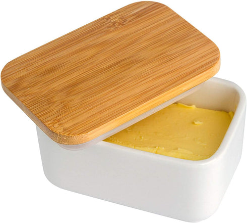 Arswin Countertop (300ml) Porcelain Butter Dish with Bamboo Lid, Ceramic Butter Keeper Container for or Refrigerator