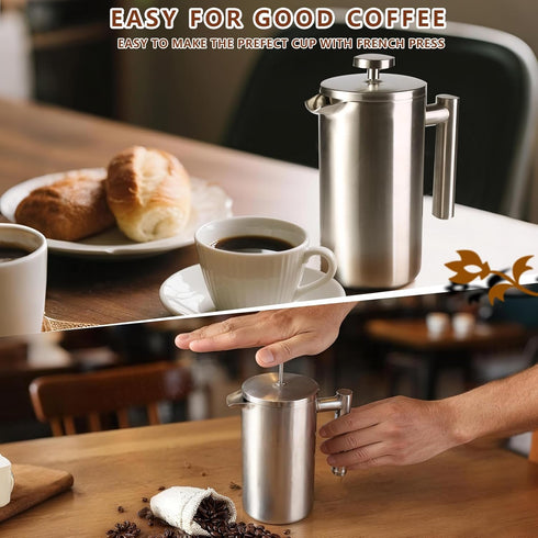 AgcKuzt 34 oz, 4 2 French Press Full Stainless Steel French Press Coffee Maker Cups, Upgrated Double-Walled Insulated