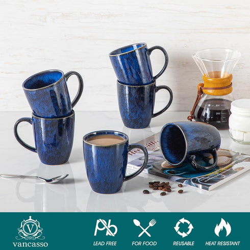 Set 6, 12 Oz vancasso STARRY Ceramic Coffee Mug of Tea Cups with Handle for Latte, Tea, Cappuccino, Milk, Cocoa