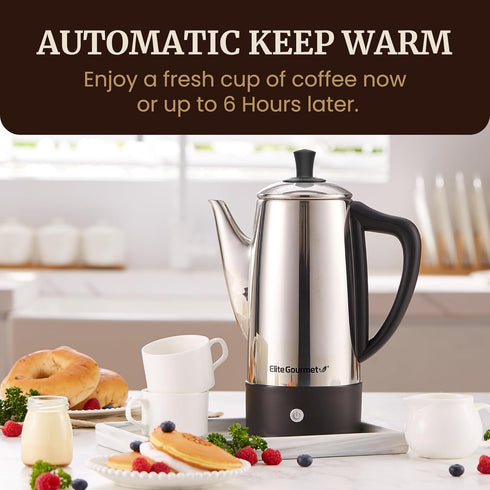 12-Cup 360 Elite Gourmet Electric Coffee Percolator, Dishwasher Safe Stainless-Steel Filter, Lid & Tube, Keep Warm