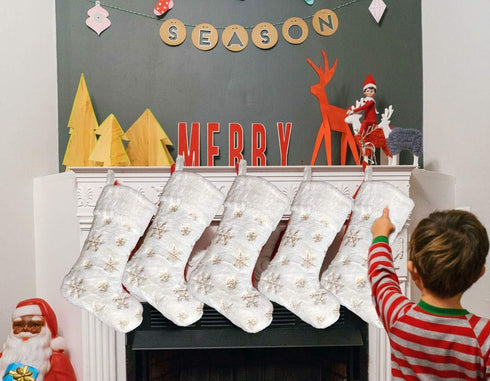 AOGU 3 Pack 22 Inch Faux Fur Sequin Christmas Stockings, Snowy White Hanging Ornaments, Gold
