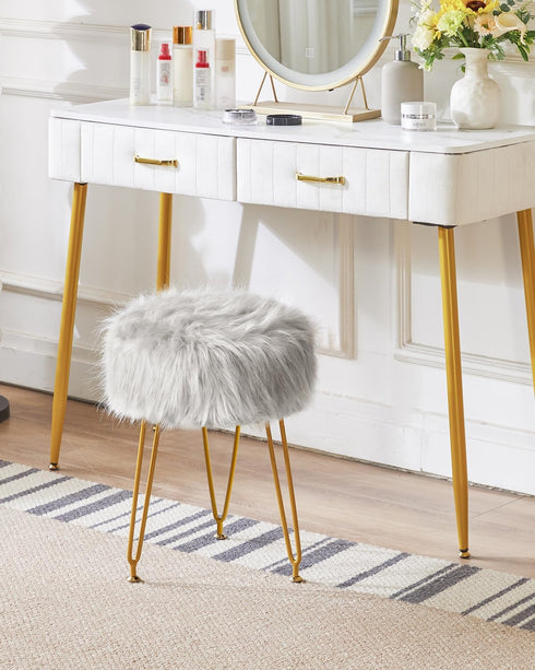 4 LG-32G IBUYKE Faux Fur Vanity Stool Chair, Furry Makeup Stool Ottoman, Soft Padded Seat, Round Footrest Footstools