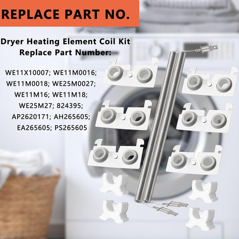 Upgraded Dryer Heating Element Coils Kit WE11X10007, Compatible with GE Hotpoint Dryer, 6 Ceramics Insulators