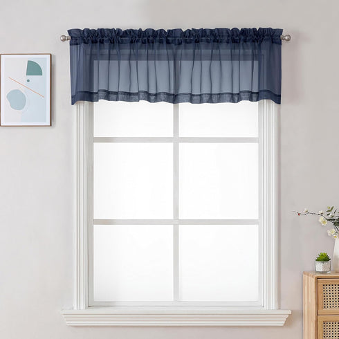 Sheer Window Valance Curtains, 42x14 Inches Light Filtering Valances with Small Rod Pockets, Navy Blue, 2PCS