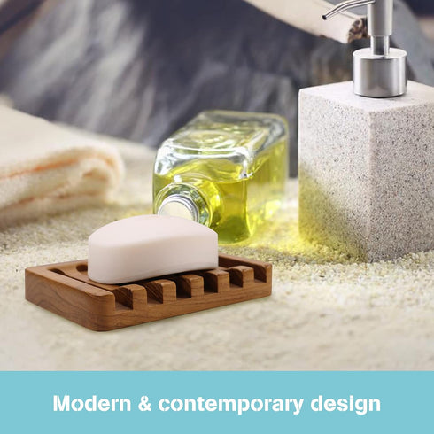 HTB Soap Dish with Slanted Waterfall Design, Teak Wood Bar Soap Holder for Shower, Bathroom, Kitchen