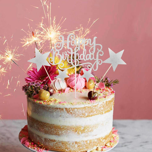 Allazone 1 PCS 'HAPPY BIRTHDAY' Cake Topper & 7 PCS Pentacle Stars Cake Toppers Decoration, Silver