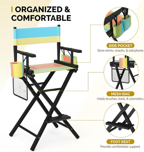 31" 250lb OmySalon Director's Chair Height Folding Portable w/Storage Pouch & Footrest, Makeup Artist Chair for Salon