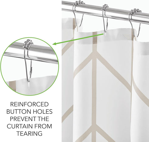 mDesign Fabric Shower Curtain - Geometric Herringbone Chevron Print, 72" x 72", Beige/White, Machine Washable & Water
