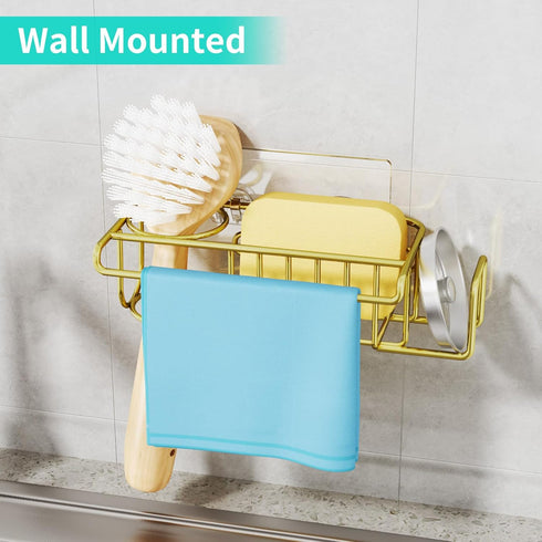 Gold(8.73 3.54 2.36in) HapiRm Sponge Holder for Kitchen Sink, No Drill Kitchen Sink Caddy Organizer, Rustproof Dish