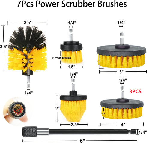Drill Brush Attachment Set, 7 Pack 1/4in Power Scrubber Brush + Long Attachment for Bathroom, Tub, Tile Cleaning