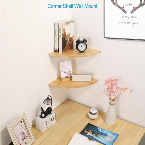 Set 2, (12 inch) Wood Corner Wall Shelves of Solid Wood Corner Floating Shelves, Round End Wall Mounted Floating Corner