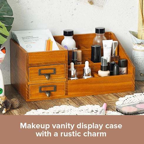 Wooden Makeup Organizer, Rustic Vanity Tray for Bathroom Countertop, Skincare and Perfume Storage