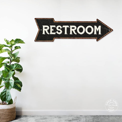 Chico Creek Signs Restroom Black Rt Arrow Vintage Metal Sign 5x17
