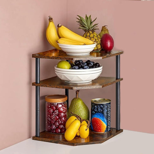 3-Tier Countertop Counter Counter Wooden Corner Shelf, Kitchen Dish & Bread Organizer Stand Storage for Desktop Bedroom