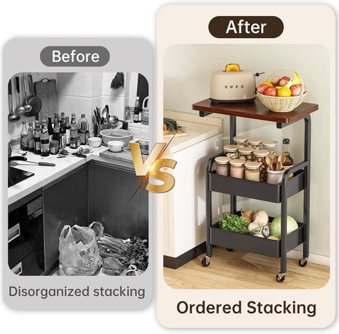 3 2 Tier Metal Rolling Utility Cart Organizer with Walnut Table Top, Stable and Sturdy Rolling Storage Carts