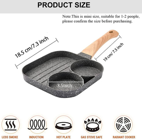 JUSTUP Nonstick Egg Frying Pan, 3-in-1 Nonstick Pan Divided Grill Frying Pan, Heat Resistant Handle 3 Section Skillet Mini Pancake Pan, Cooking Pan for Breakfast, Egg, Bacon and Burgers, 7.3 in by JUSTUP