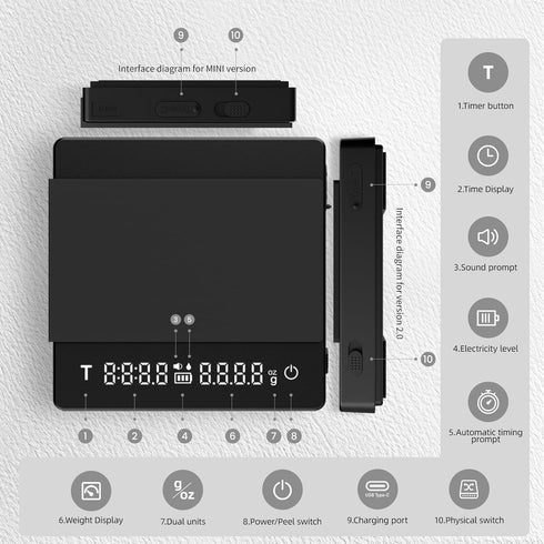 MHW-3BOMEBR 0.1g 0.3-2kg, ES6028W-OS Espresso Scale with Auto Timer, Rechargeable Coffee Scale for Barista, High