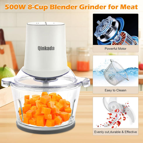 Food Processor Electric with 2 Bowls, 400W Meat Grinder, 8Cup Glass & 304 Stainless Steel, 2 Blades, Spatula (White)