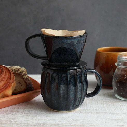 Asayu Japan Ceramic Coffee Pour Over Maker Set, Dark Navy Blue, Slow Brewing Paper Filter Holder and Dripper