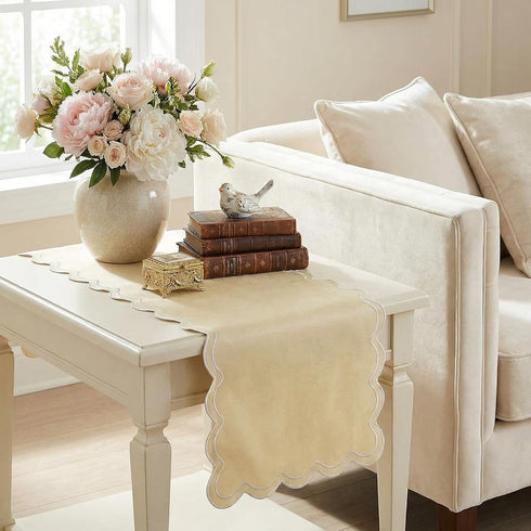 15 36 Inch, yuboo Small Scalloped Table Runner x Vintage Short Champagne Coffee Table Cover, Dresser Scarf for Bedroom