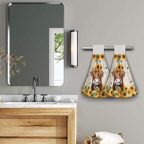 Set 2, Summer Giwawa Highland Cow Kitchen Hanging Towel of Sunflower Cattle Hand Tie Towel with Loop & Hook, Wood Board