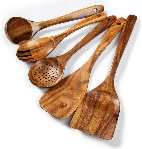 Wooden Kitchen Utensils Set, 5 PCs Natural Acacia Spurtle Set for Non-stick Pan, Ladle, Wok Spatulas, Salad Fork