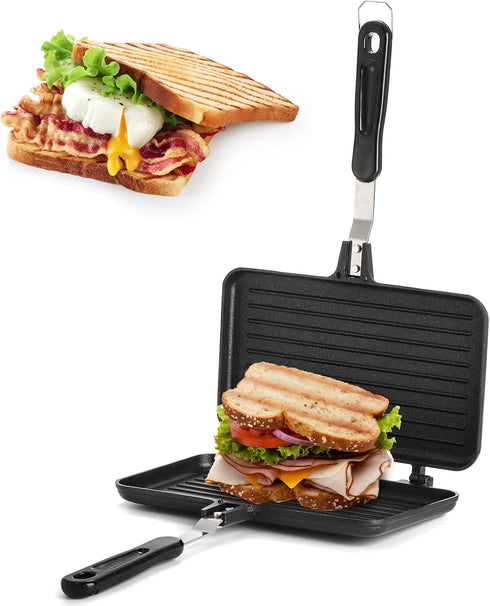 SOUJOY Sandwich Maker, Non-stick Grill Panini Maker with Handle, Stovetop Toasted Aluminum Flip Pan for Indoor Outdoor