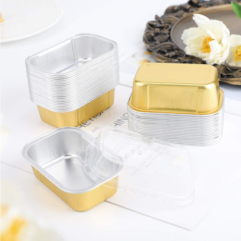 EUSOAR 50pcs 5.7oz Aluminum Foil Baking Cups with Lids, Reusable Cupcake Cups, Gold