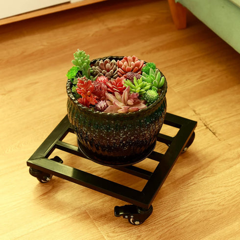 13.6 Large Metal Square Plant Caddy with Wheels Iron Wrought Rolling Plant Stand with Casters Heavy-duty Plant Dolly