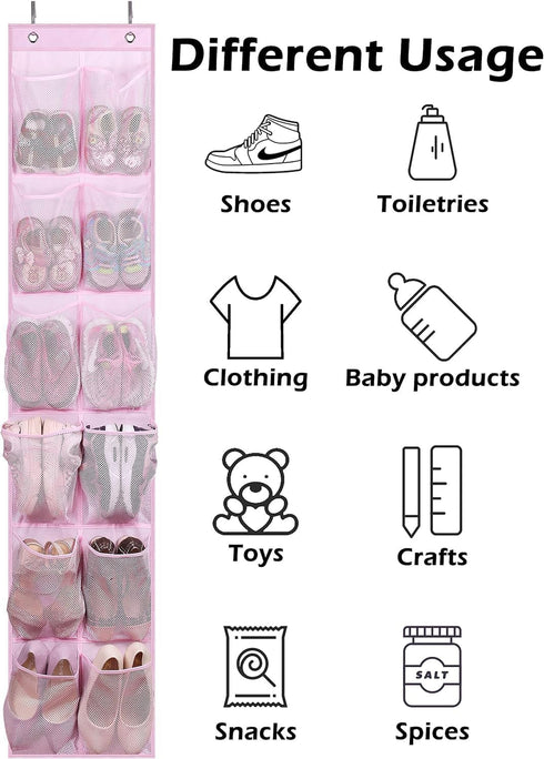 MISSLO Kids Over the Door Shoe Organizer, 12 Mesh Pockets, Baby Hanging Shoe Rack for Girl, Women, Men, Toddler, Pink