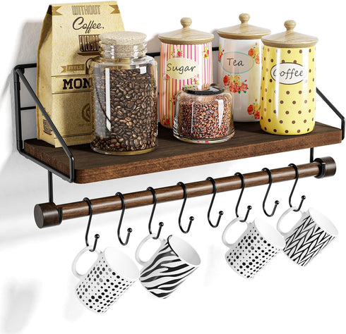 Alsonerbay Floating Shelf Wall-Mounted, Coffee Bar Shelf with Hooks and Towel Bar,