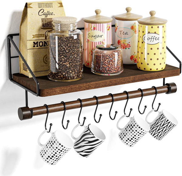 Alsonerbay Floating Shelf Wall-Mounted, Coffee Bar Shelf with Hooks and Towel Bar,